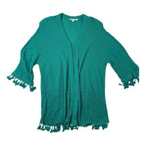 Chico's Cardigan Sweater Womens Medium Green Fringe Tassel 3/4 Sleeve Cottage